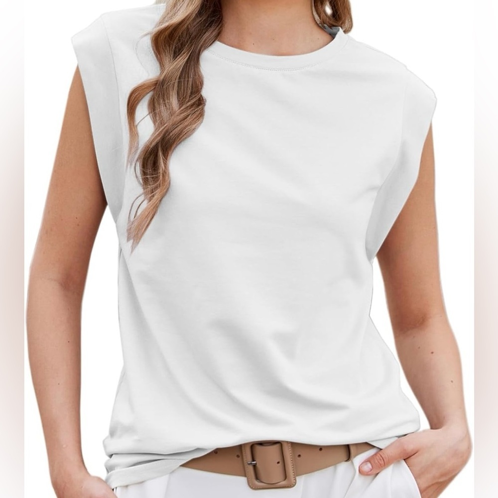 🆕 NWT White Sleeveless‎ Cap Sleeve Tank Top Loose Fit Basic Tee Shirts